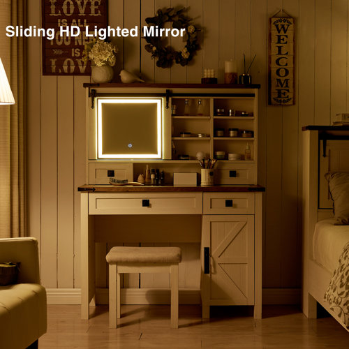 Gracie Oaks Valyre 42" W Make up Vanity Table with Glass Tabletop & 4